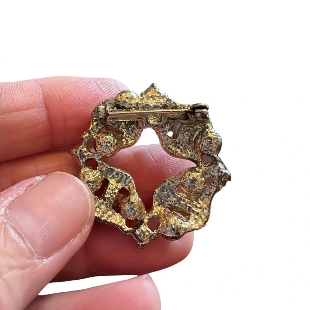 Vintage Gold Bead and Rhinestone Round Brooch Pin